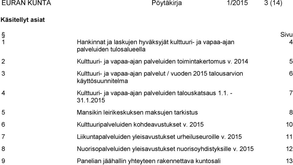 2014 5 3 Kulttuuri- ja vapaa-ajan palvelut / vuoden 2015 talousarvion käyttösuunnitelma 4 Kulttuuri- ja vapaa-ajan palveluiden talouskatsaus 1.1. - 31.1.2015 6 7 5 Mansikin leirikeskuksen maksujen tarkistus 8 6 Kulttuuripalveluiden kohdeavustukset v.