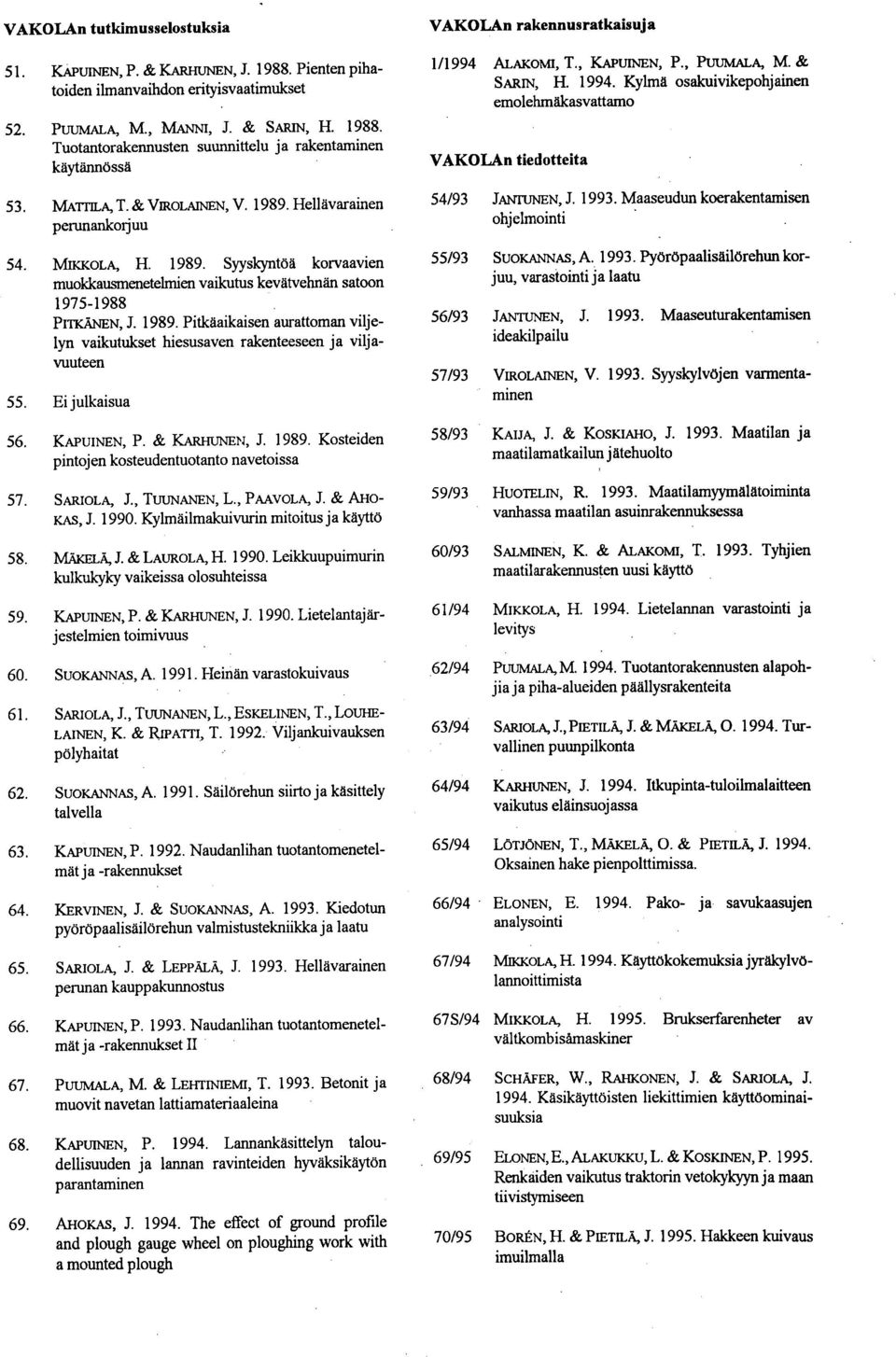 & KARHUNEN, J. 1989. Kosteiden pintojen kosteudentuotanto navetoissa SARIOLA, J., TUUNANEN, L., PAAVOLA, J. & AHO- KAS, J. 1990. Kylmäilmakuivurin mitoitus ja käyttö MÄKELÄ, J. & LAUROLA, H. 1990. Leilckuupuimurin kullculcylcy vaikeissa olosuhteissa KAPUINEN, P.