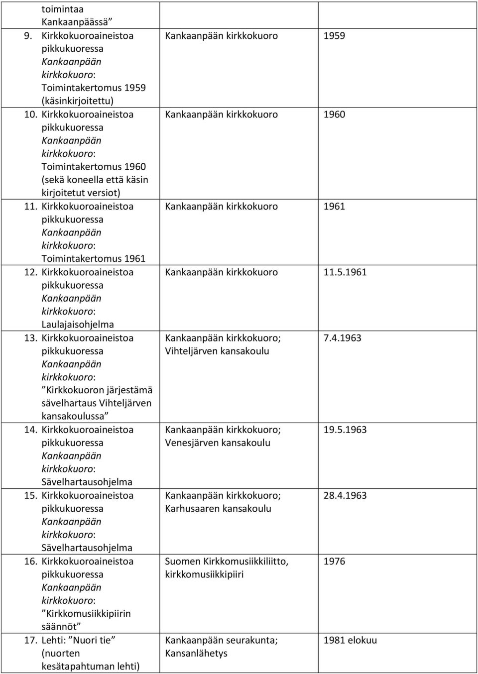 Kirkkokuoroaineistoa Sävelhartausohjelma 15. Kirkkokuoroaineistoa Sävelhartausohjelma 16. Kirkkokuoroaineistoa Kirkkomusiikkipiirin säännöt 17.