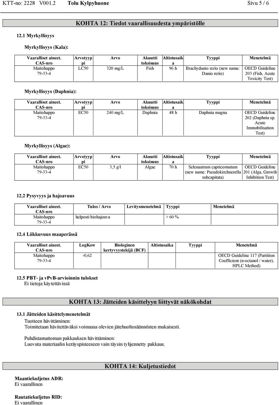 Menetelmä OECD Guideline 203 (Fish, Acute Toxicity Test) Myrkyllisyys (Daphnia): Arvotyyp Arvo Akuutti toksisuus Altistusaik a Tyyp Menetelmä EC50 240 mg/l Daphnia 48 h Daphnia magna OECD Guideline