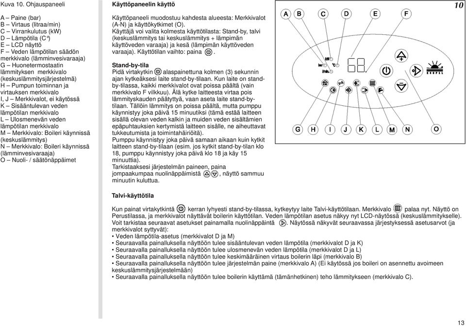 merkkivalo (keskuslämmitysjärjestelmä) H Pumpun toiminnan ja virtauksen merkkivalo I, J Merkkivalot, ei käytössä K Sisääntulevan veden lämpötilan merkkivalo L Ulosmenevän veden lämpötilan merkkivalo