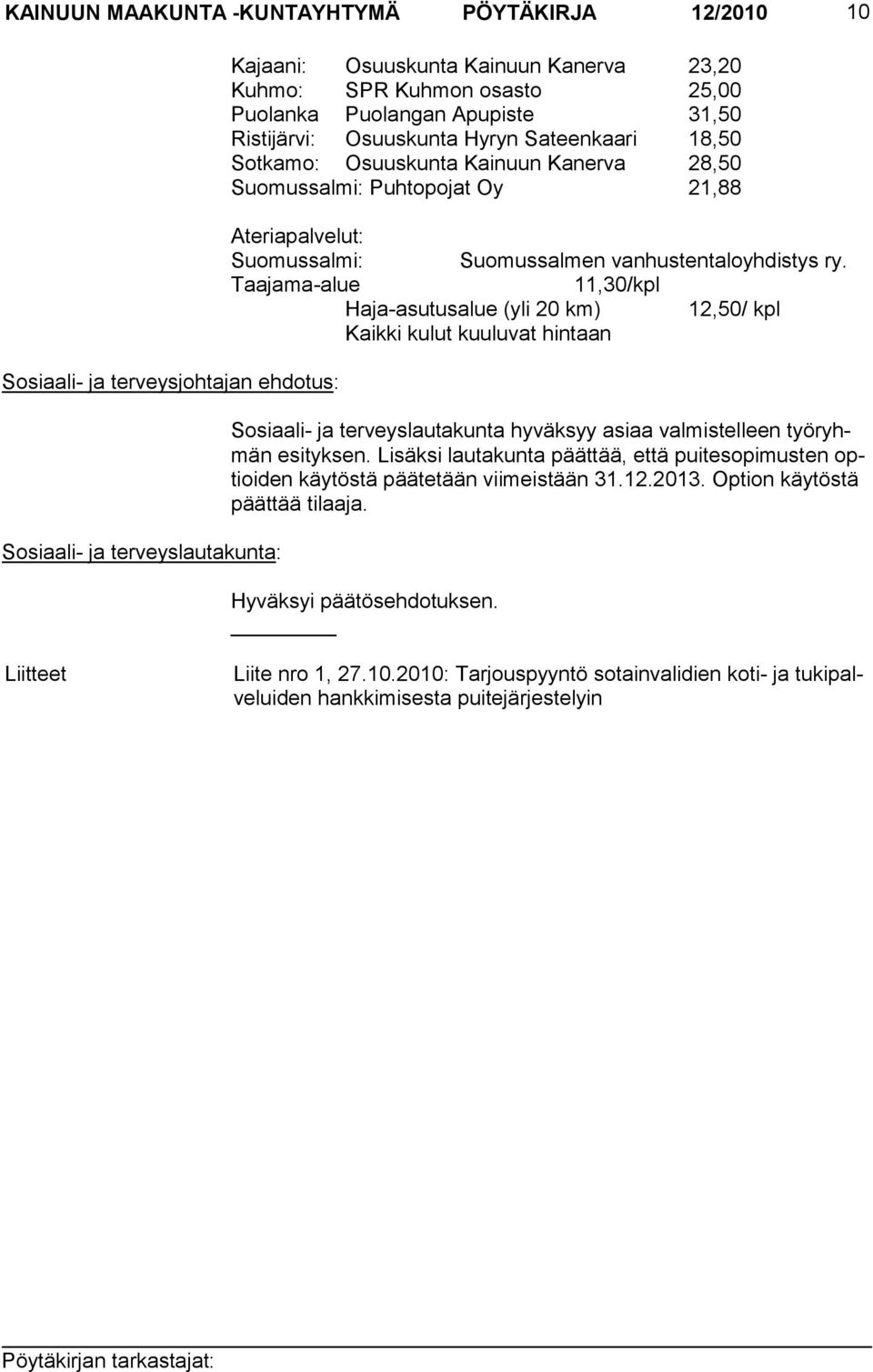 vanhustentaloyhdistys ry. Taa jama-alue 11,30/kpl Haja-asutusalue (yli 20 km) 12,50/ kpl Kaikki kulut kuuluvat hintaan Sosiaali- ja terveyslauta kunta hyväksyy asiaa valmistelleen työryhmän esityksen.