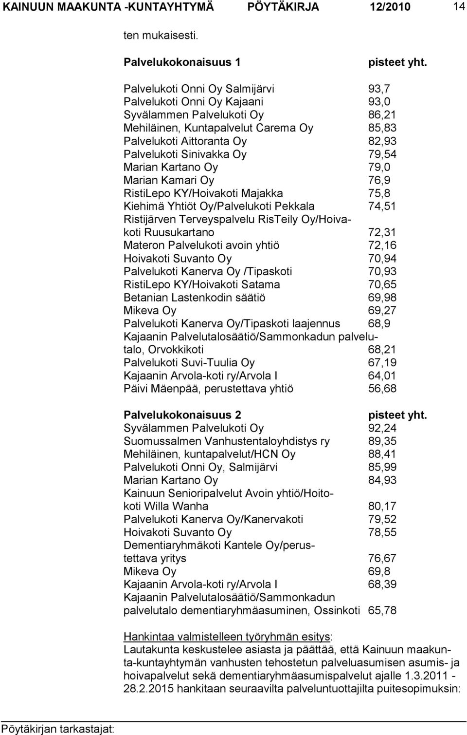 79,54 Marian Kartano Oy 79,0 Marian Kamari Oy 76,9 RistiLepo KY/Hoivakoti Majakka 75,8 Kiehimä Yhtiöt Oy/Palvelukoti Pekkala 74,51 Ristijärven Terveyspalvelu RisTeily Oy/Hoivakoti Ruusukartano 72,31