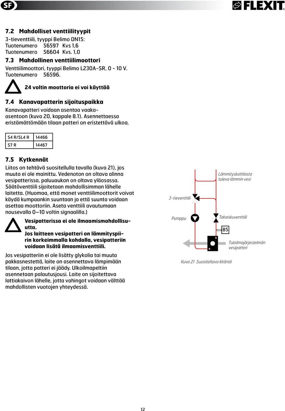 tilaan.patteri.on.eristettävä.ulkoa. S4.R/SL4.R 14466 S7.R 14467 7.5 Kytkennät Liitos.on.tehtävä.suositellulla.tavalla.(kuva.21),.jos. muuta.ei.ole.mainittu..vedenoton.on.oltava.alinna.