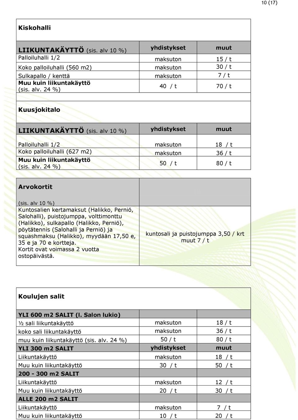 24 %) 50 / t 80 / t Arvokortit Kuntosalien kertamaksut (Halikko, Perniö, Salohalli), puistojumppa, volttimonttu (Halikko), sulkapallo (Halikko, Perniö), pöytätennis (Salohalli ja Perniö) ja