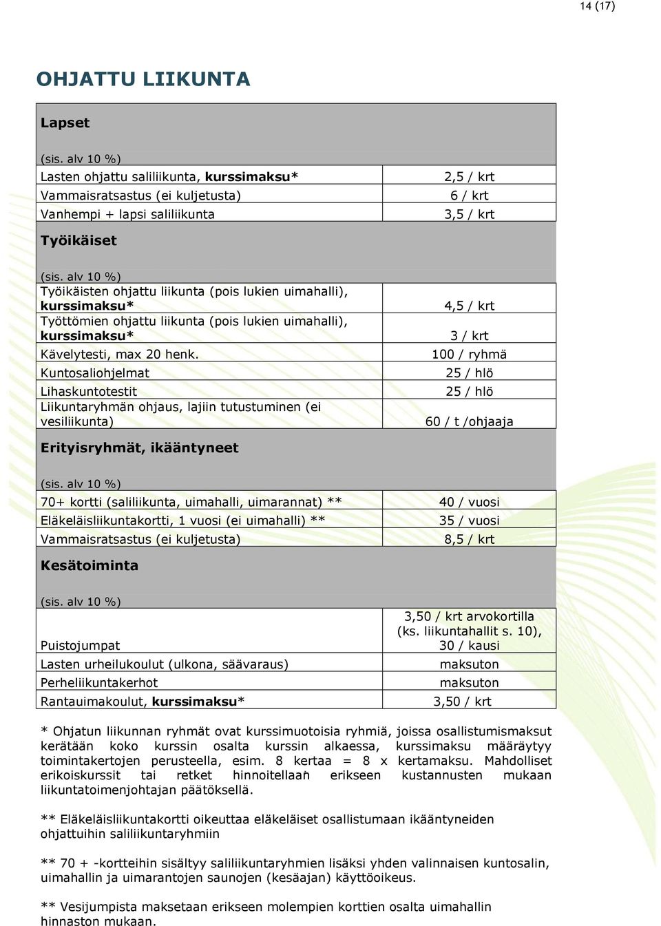 Kuntosaliohjelmat Lihaskuntotestit Liikuntaryhmän ohjaus, lajiin tutustuminen (ei vesiliikunta) 4,5 / krt 3 / krt 100 / ryhmä 25 / hlö 25 / hlö 60 / t /ohjaaja Erityisryhmät, ikääntyneet 70+ kortti