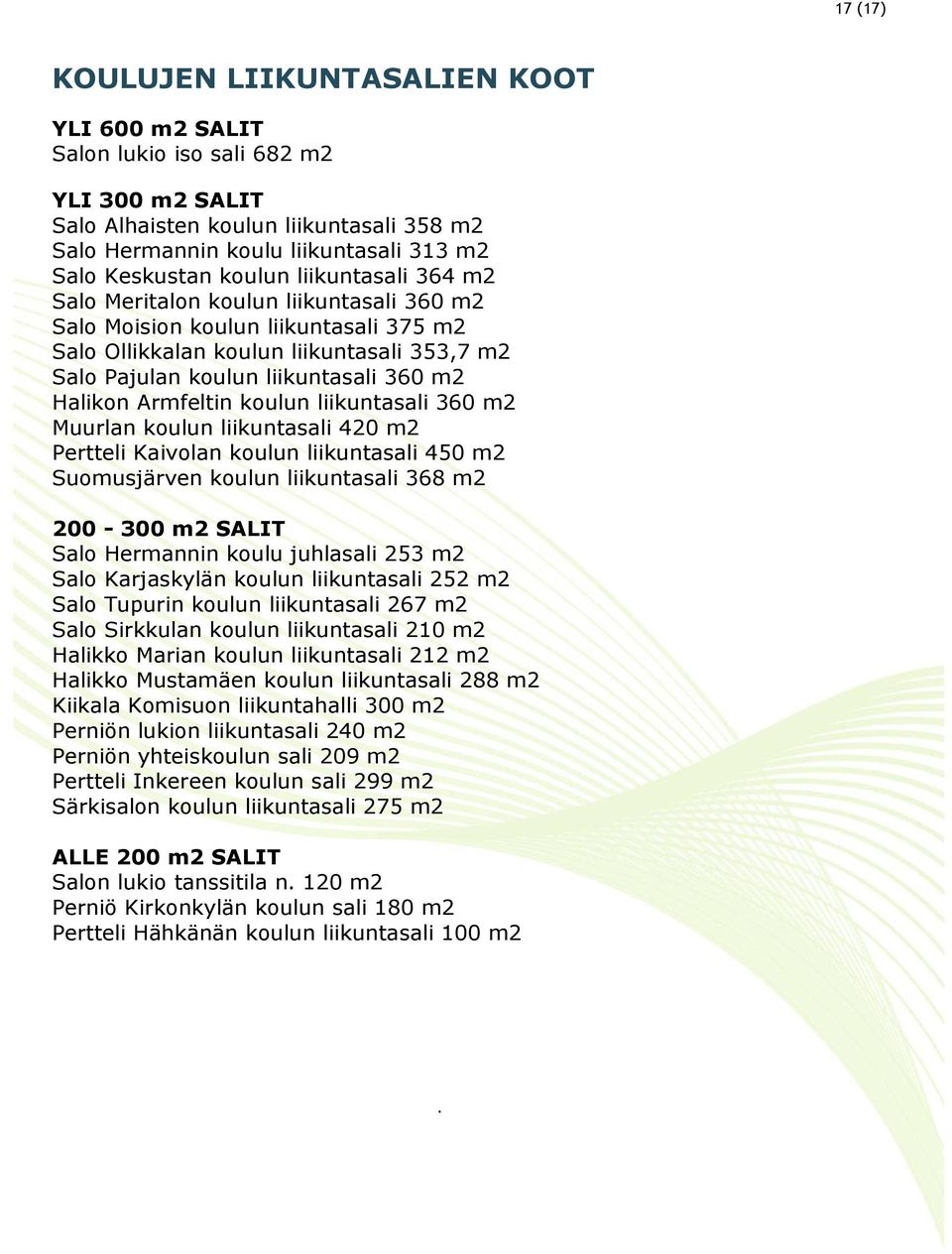 Halikon Armfeltin koulun liikuntasali 360 m2 Muurlan koulun liikuntasali 420 m2 Pertteli Kaivolan koulun liikuntasali 450 m2 Suomusjärven koulun liikuntasali 368 m2 200-300 m2 SALIT Salo Hermannin