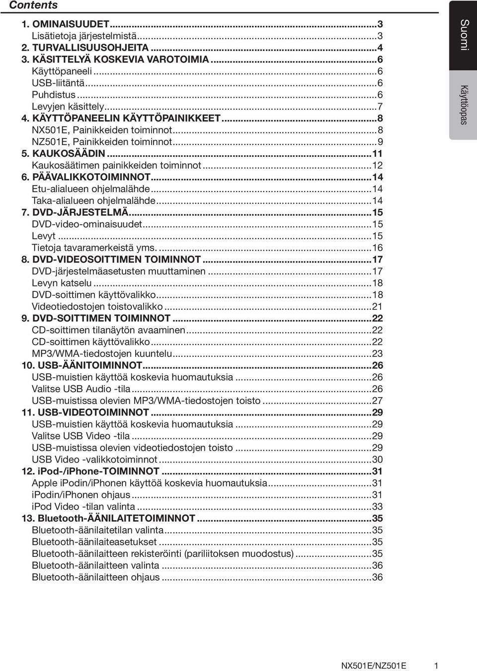 ..14 Etu-alialueen ohjelmalähde...14 Taka-alialueen ohjelmalähde...14 7. DVD-JÄRJESTELMÄ...15 DVD-video-ominaisuudet...15 Levyt...15 Tietoja tavaramerkeistä yms....16 8. DVD-VIDEOSOITTIMEN TOIMINNOT.