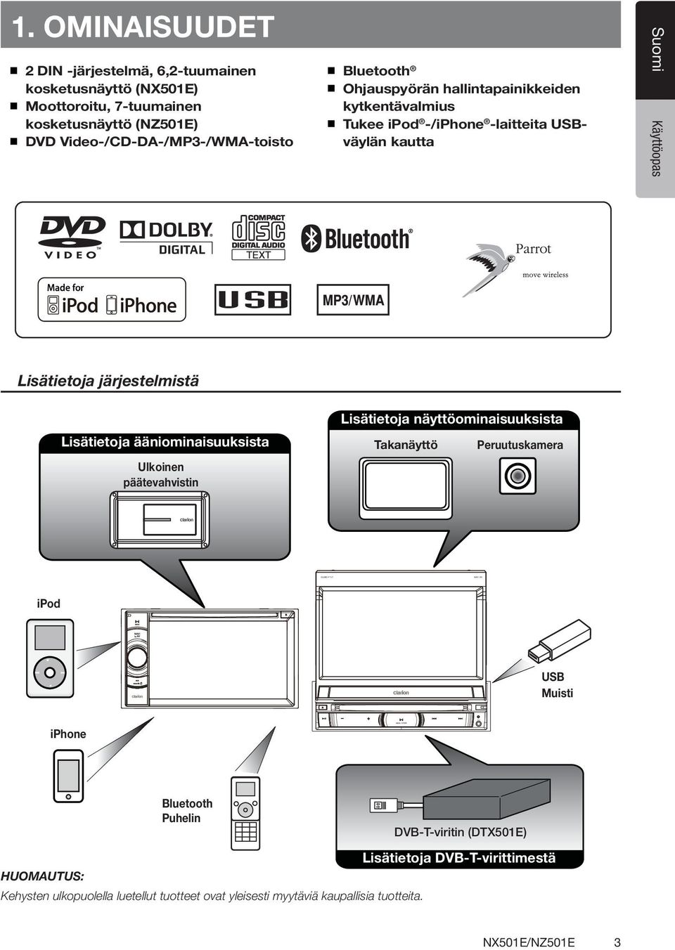 Lisätietoja ääniominaisuuksista Ulkoinen päätevahvistin Lisätietoja näyttöominaisuuksista Takanäyttö Peruutuskamera ipod USB Muisti iphone Bluetooth Puhelin