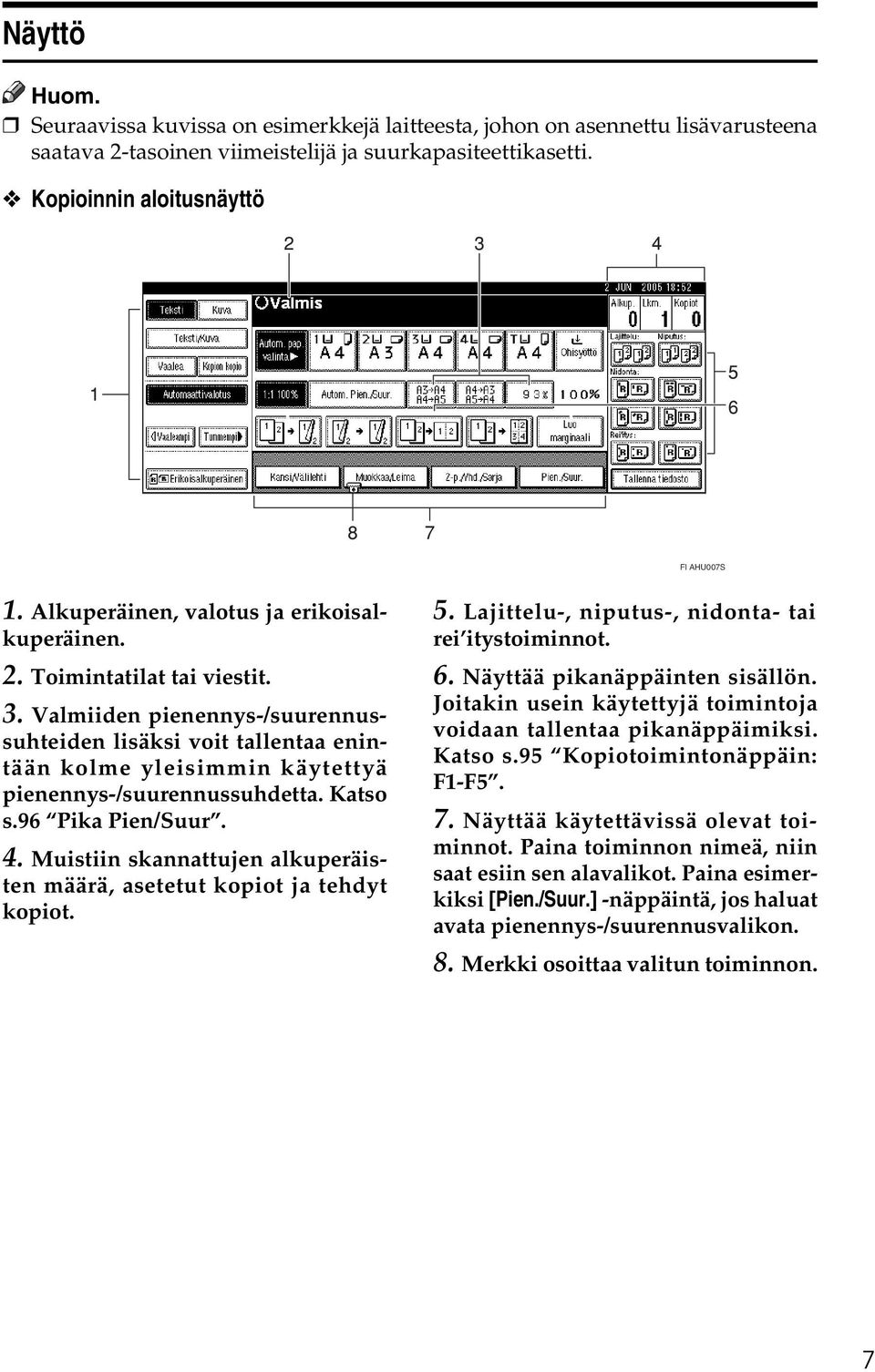 Valmiiden pienennys-/suurennussuhteiden lisäksi voit tallentaa enintään kolme yleisimmin käytettyä pienennys-/suurennussuhdetta. Katso s.96 Pika Pien/Suur. 4.