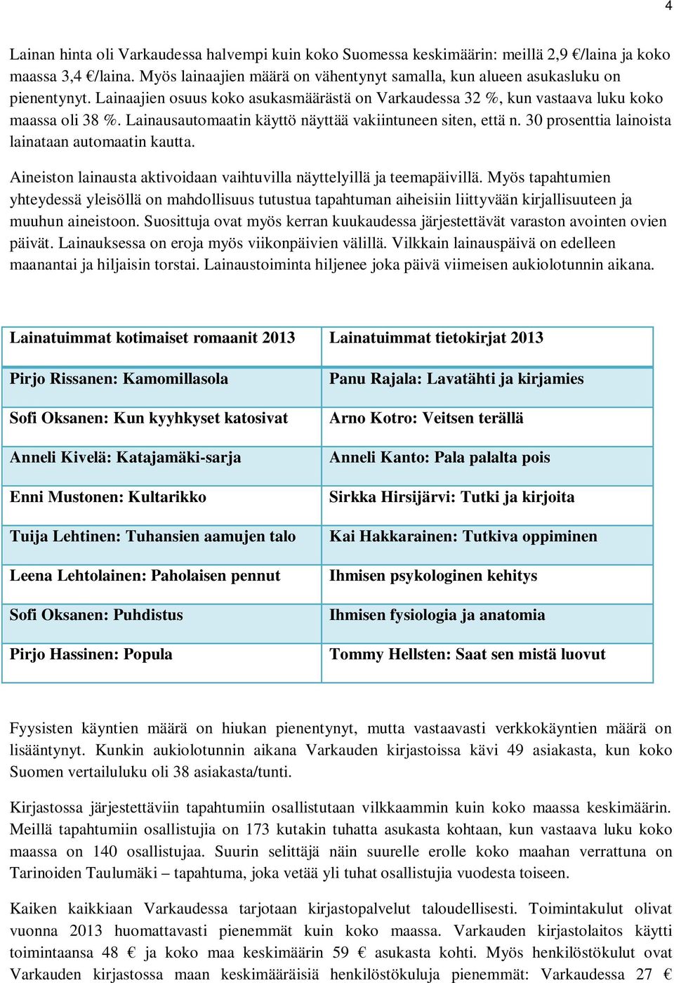 30 prosenttia lainoista lainataan automaatin kautta. Aineiston lainausta aktivoidaan vaihtuvilla näyttelyillä ja teemapäivillä.