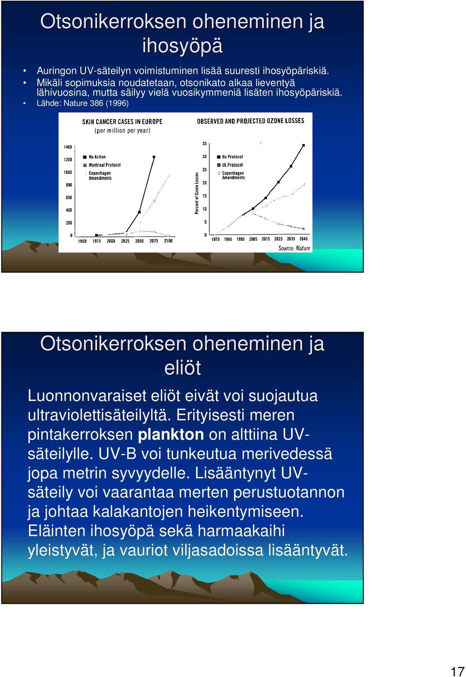 Lähde: Nature 386 (1996) Otsonikerroksen oheneminen ja eliöt Luonnonvaraiset eliöt eivät voi suojautua ultraviolettisäteilyltä.