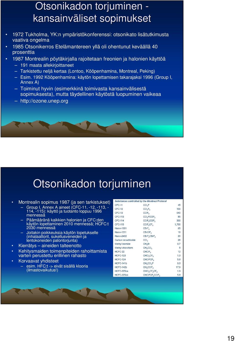 1992 Kööpenhamina: käytön lopettamisen takarajaksi 1996 (Group I, Annex A) Toiminut hyvin (esimerkkinä toimivasta kansainvälisestä sopimuksesta), mutta täydellinen käytöstä luopuminen vaikeaa