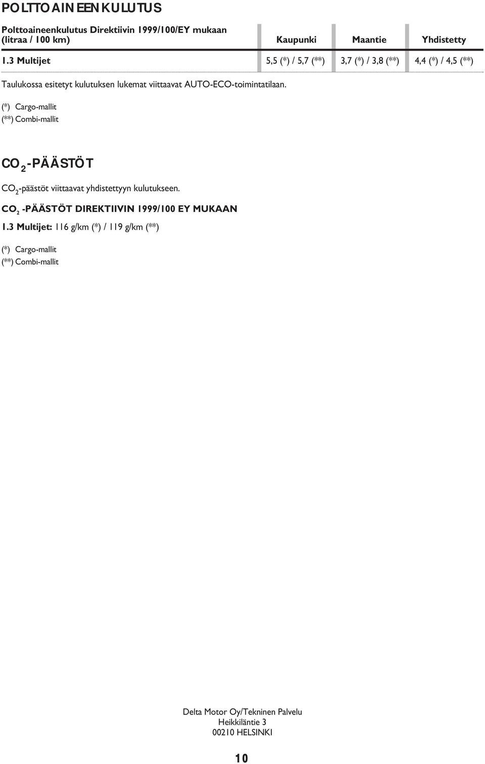 AUTO-ECO-toimintatilaan. (*) Cargo-mallit (**) Combi-mallit CO 2 -PÄÄSTÖT CO 2 -päästöt viittaavat yhdistettyyn kulutukseen.