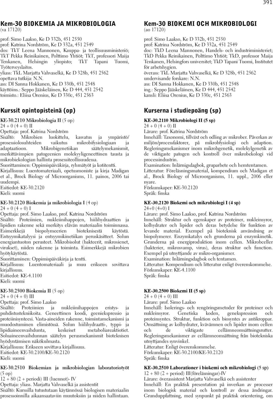 N. ass: DI Sanna Hokkanen, Ke D 330b, 451 2548 käyttöins.: Seppo Jääskeläinen, Ke D 444, 451 2542 toimisto.: Eliisa Orenius, Ke D 330c, 451 2563 Kurssit opintopisteinä (op) KE-30.