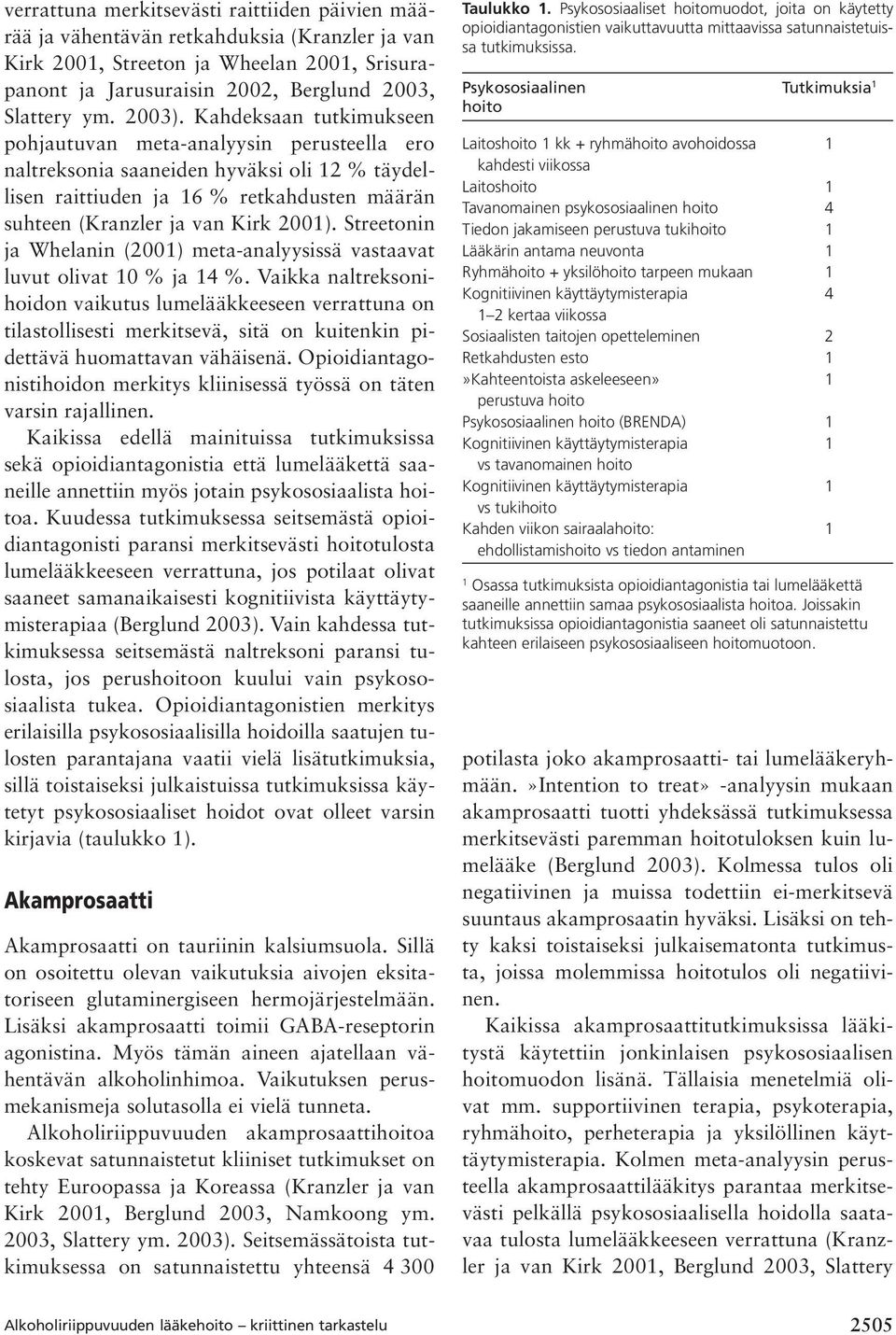 Kahdeksaan tutkimukseen pohjautuvan meta-analyysin perusteella ero naltreksonia saaneiden hyväksi oli 12 % täydellisen raittiuden ja 16 % retkahdusten määrän suhteen (Kranzler ja van Kirk 2001).