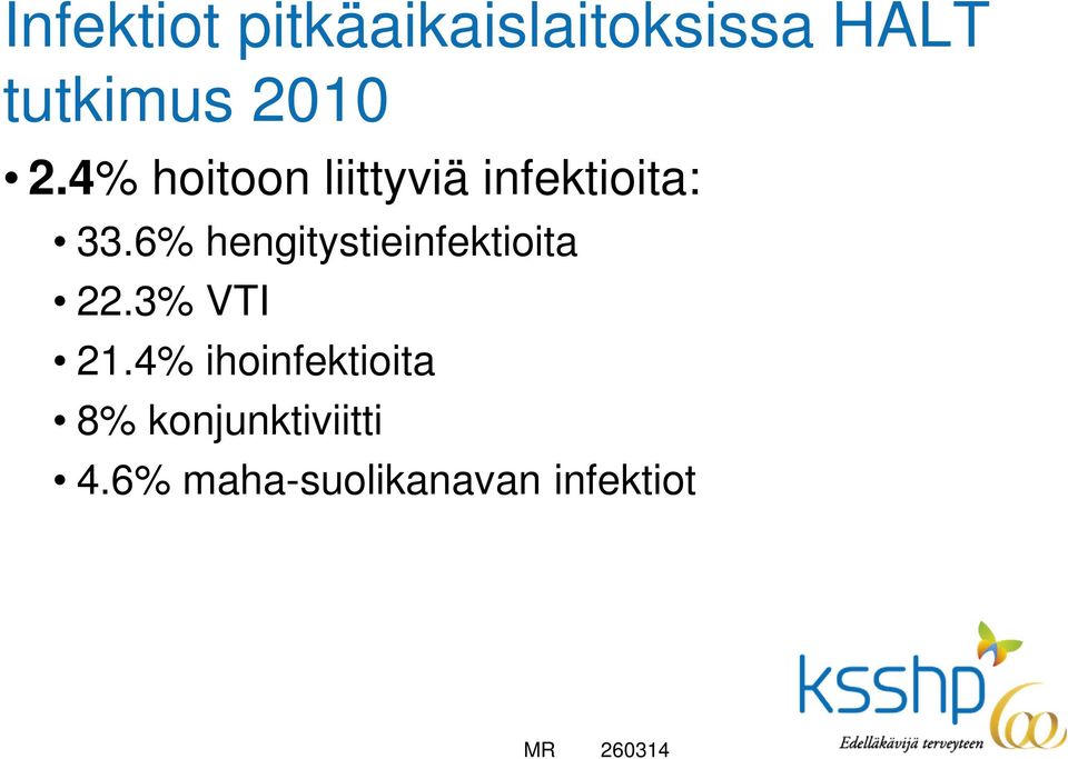 6% hengitystieinfektioita 22.3% VTI 21.