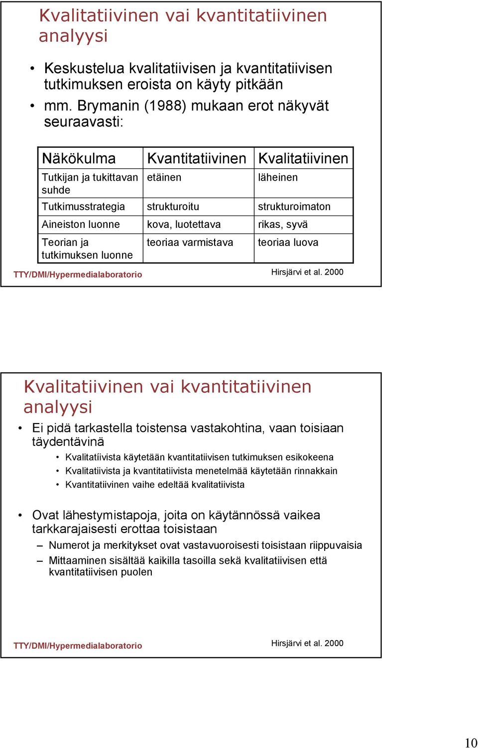 luotettava teoriaa varmistava Kvalitatiivinen läheinen strukturoimaton rikas, syvä teoriaa luova Hirsjärvi et al.