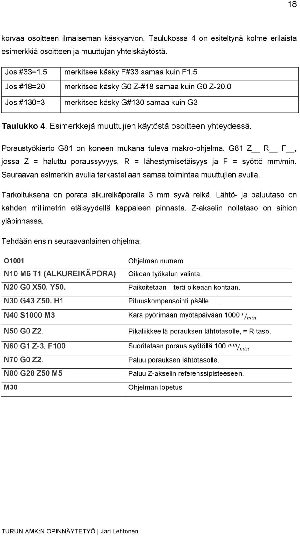 Poraustyökierto G81 on koneen mukana tuleva makro-ohjelma. G81 Z R F, jossa Z = haluttu poraussyvyys, R = lähestymisetäisyys ja F = syöttö mm/min.