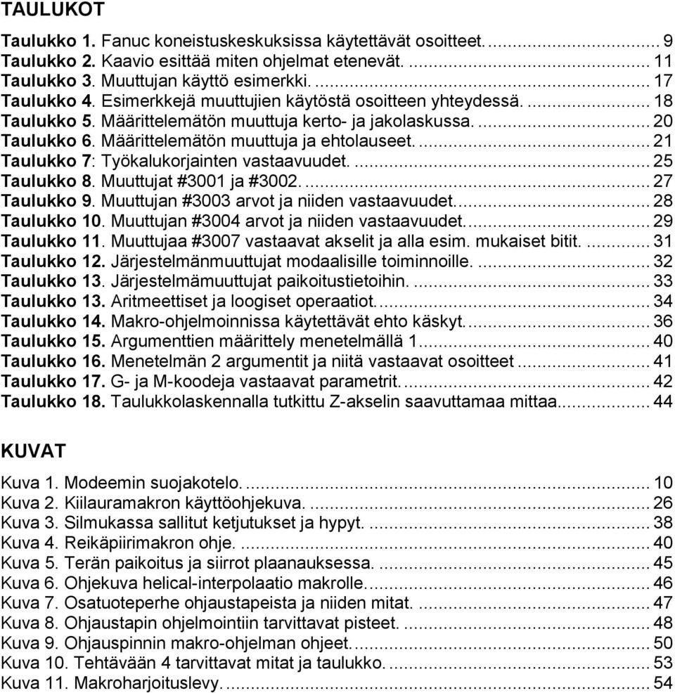 ... 21 Taulukko 7: Työkalukorjainten vastaavuudet.... 25 Taulukko 8. Muuttujat #3001 ja #3002.... 27 Taulukko 9. Muuttujan #3003 arvot ja niiden vastaavuudet.... 28 Taulukko 10.