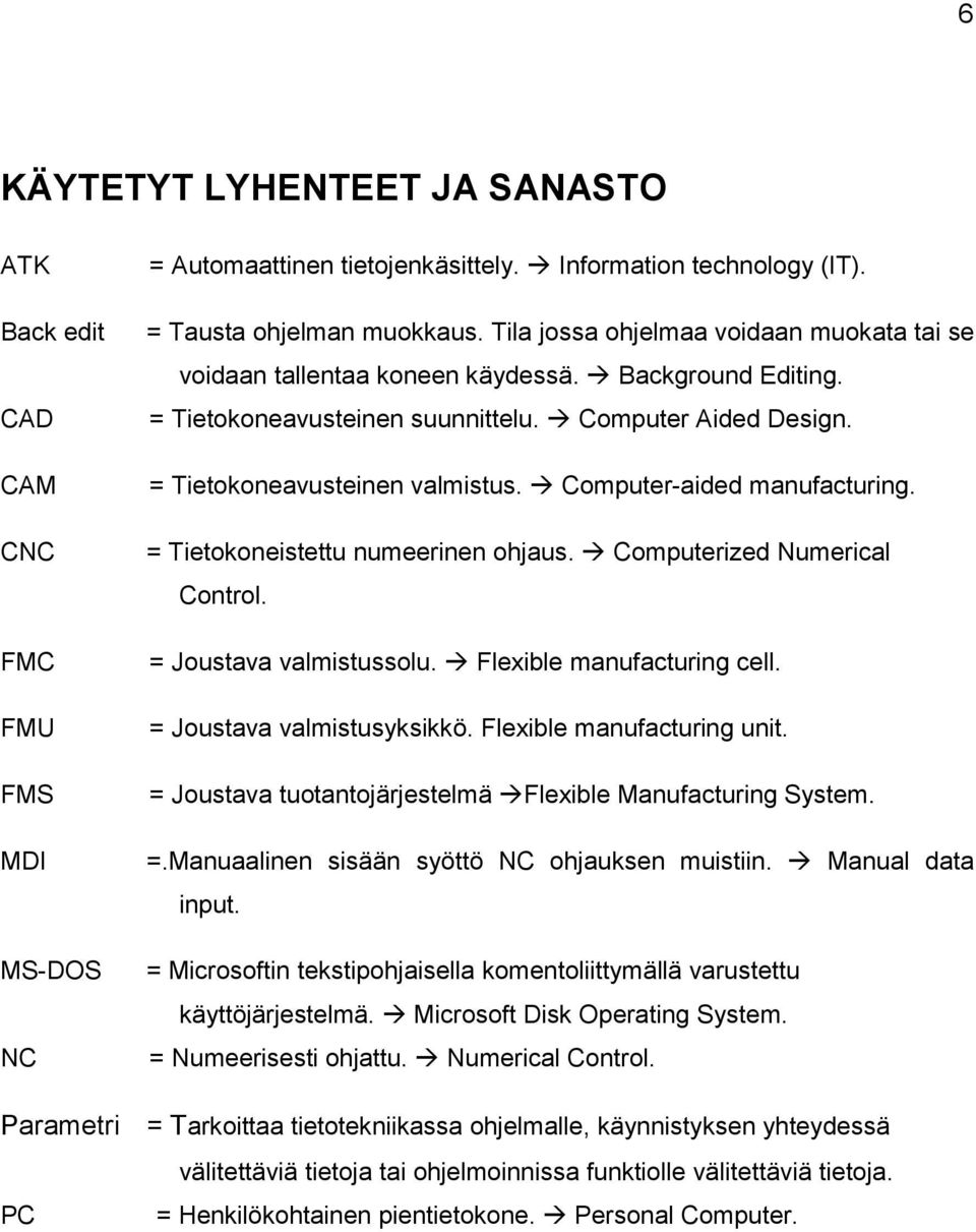 Computer-aided manufacturing. = Tietokoneistettu numeerinen ohjaus. Computerized Numerical Control. = Joustava valmistussolu. Flexible manufacturing cell. = Joustava valmistusyksikkö.