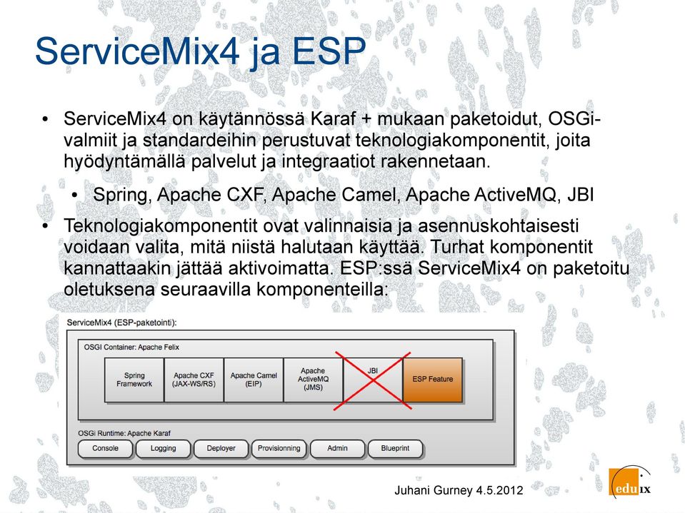 Spring, Apache CXF, Apache Camel, Apache ActiveMQ, JBI Teknologiakomponentit ovat valinnaisia ja asennuskohtaisesti