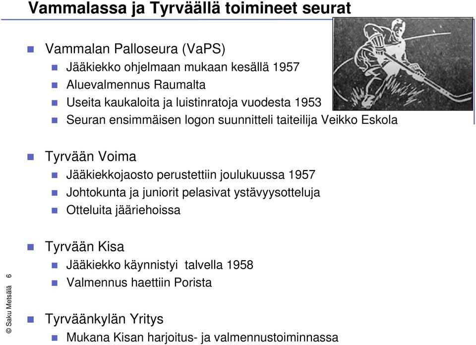 Jääkiekkojaosto perustettiin joulukuussa 1957 Johtokunta ja juniorit pelasivat ystävyysotteluja Otteluita jääriehoissa Saku Metsälä