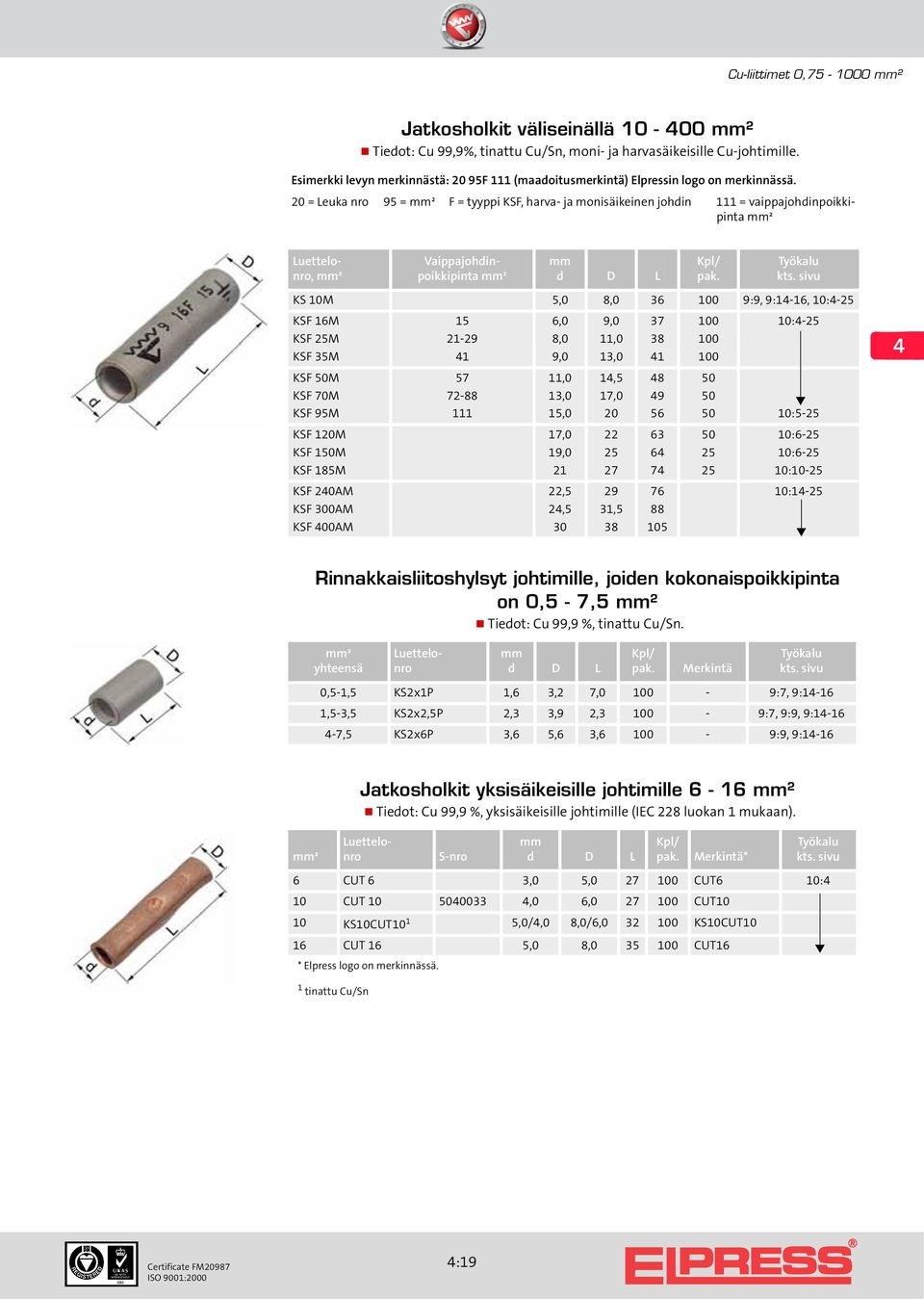 20 = Leuka nro 95 = ² F = tyyppi KSF, harva- ja monisäikeinen johdin 111 = vaippajohdinpoikkipinta ², ² Vaippajohdinpoikkipinta ² d D L KS 10M 5,0 8,0 36 100 9:9, 9:1-16, 10:-25 KSF 16M 15 6,0 9,0 37