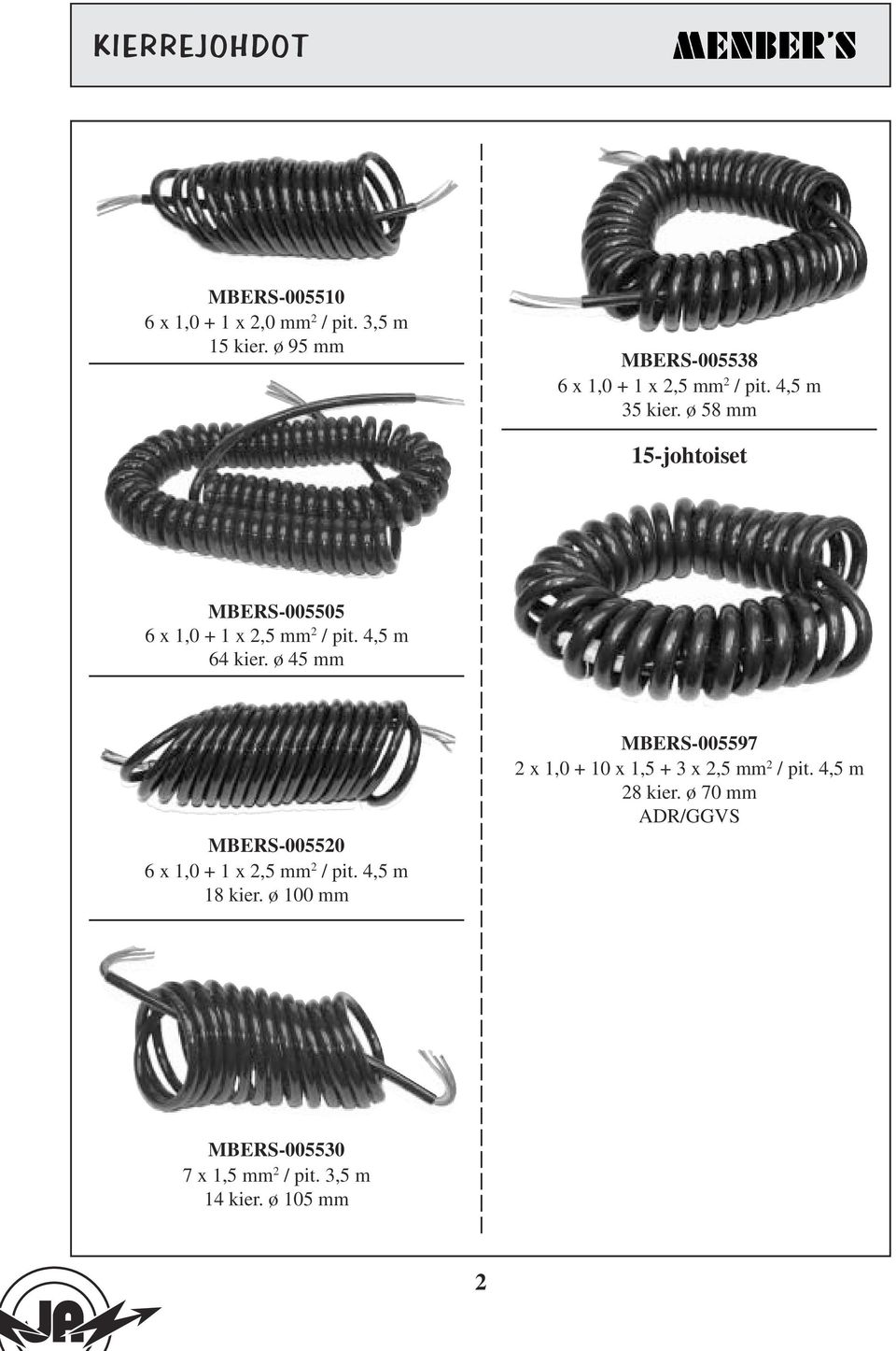 ø 58 mm 15-johtoiset MBERS-005505 6 x 1,0 + 1 x 2,5 mm 2 / pit. 4,5 m 64 kier.