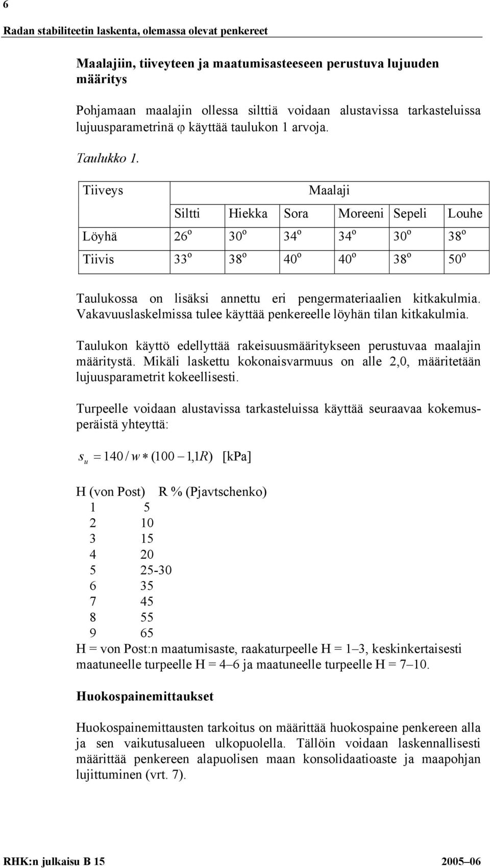 Tiiveys Maalaji Siltti Hiekka Sora Moreeni Sepeli Louhe Löyhä 26 o 30 o 34 o 34 o 30 o 38 o Tiivis 33 o 38 o 40 o 40 o 38 o 50 o Taulukossa on lisäksi annettu eri pengermateriaalien kitkakulmia.