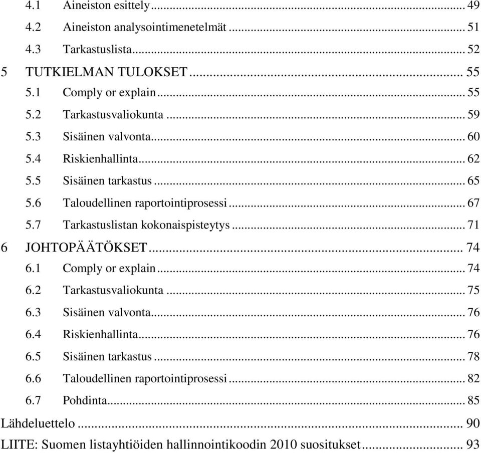 7 Tarkastuslistan kokonaispisteytys... 71 6 JOHTOPÄÄTÖKSET... 74 6.1 Comply or explain... 74 6.2 Tarkastusvaliokunta... 75 6.3 Sisäinen valvonta... 76 6.