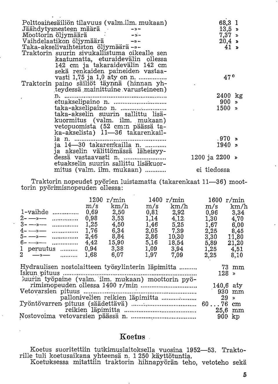 kaatumatta, eturaidevälin ollessa 142 cm ja takaraidevälin 142 cm sekä renkaiden paineiden vastaavasti 1,75 ja 1,0 aty on n.