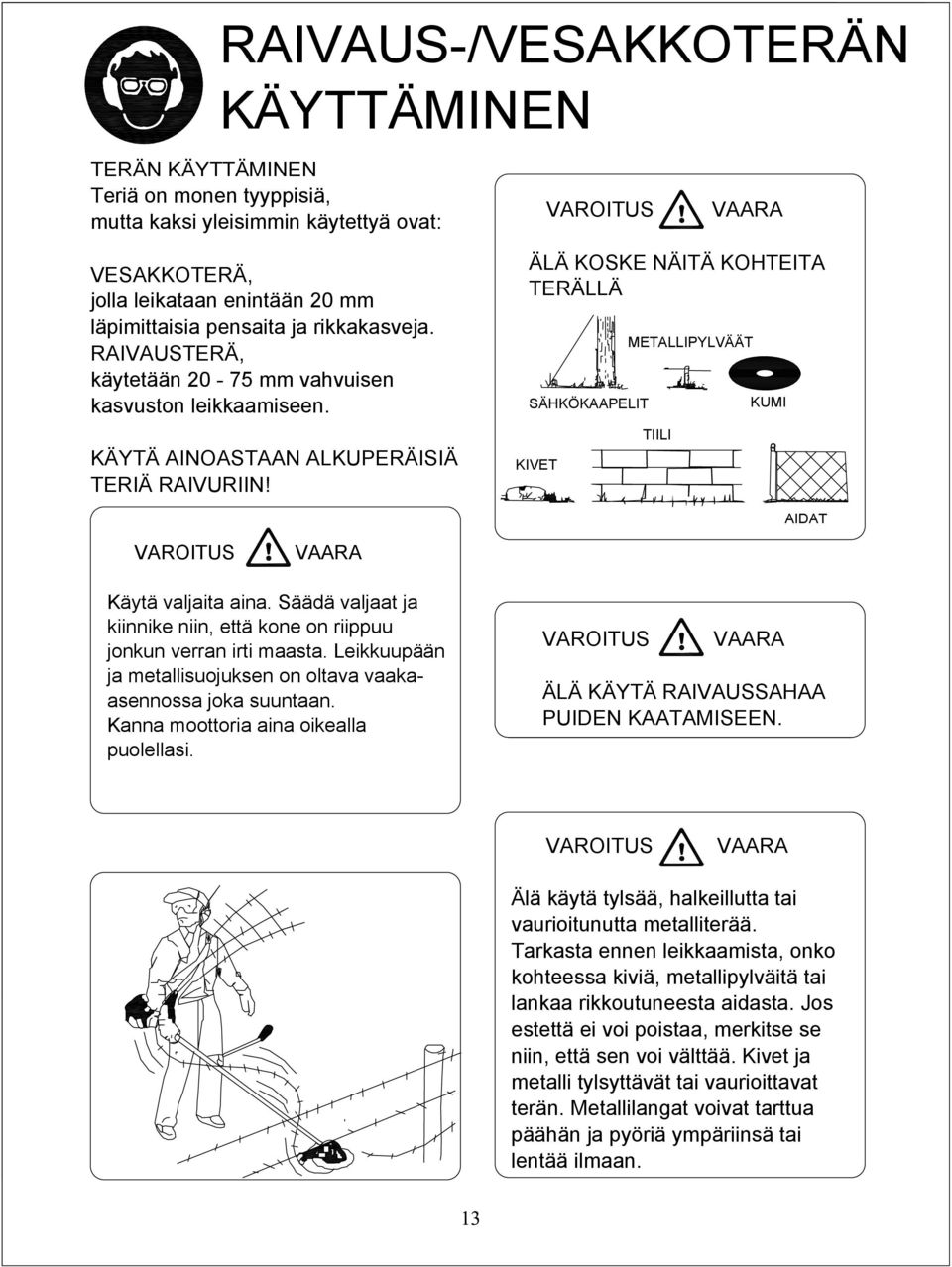 ÄLÄ KOSKE NÄITÄ KOHTEITA TERÄLLÄ SÄHKÖKAAPELIT KIVET METALLIPYLVÄÄT TIILI KUMI AIDAT VAROITUS VAARA Käytä valjaita aina. Säädä valjaat ja kiinnike niin, että kone on riippuu jonkun verran irti maasta.