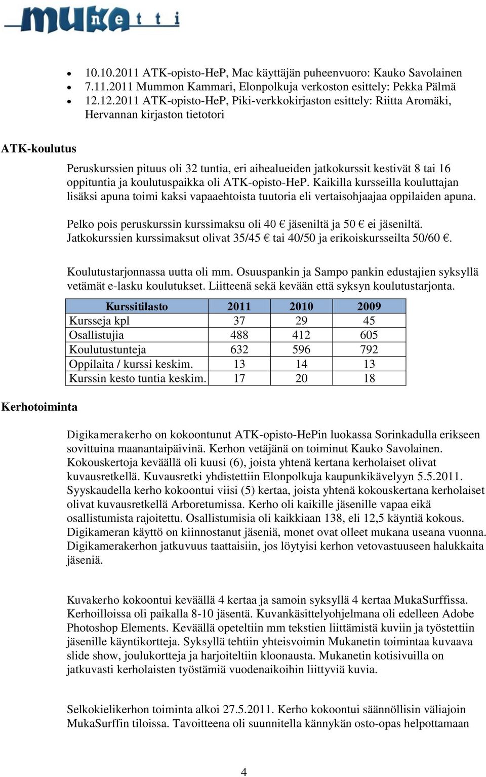 oppituntia ja koulutuspaikka oli ATK-opisto-HeP. Kaikilla kursseilla kouluttajan lisäksi apuna toimi kaksi vapaaehtoista tuutoria eli vertaisohjaajaa oppilaiden apuna.