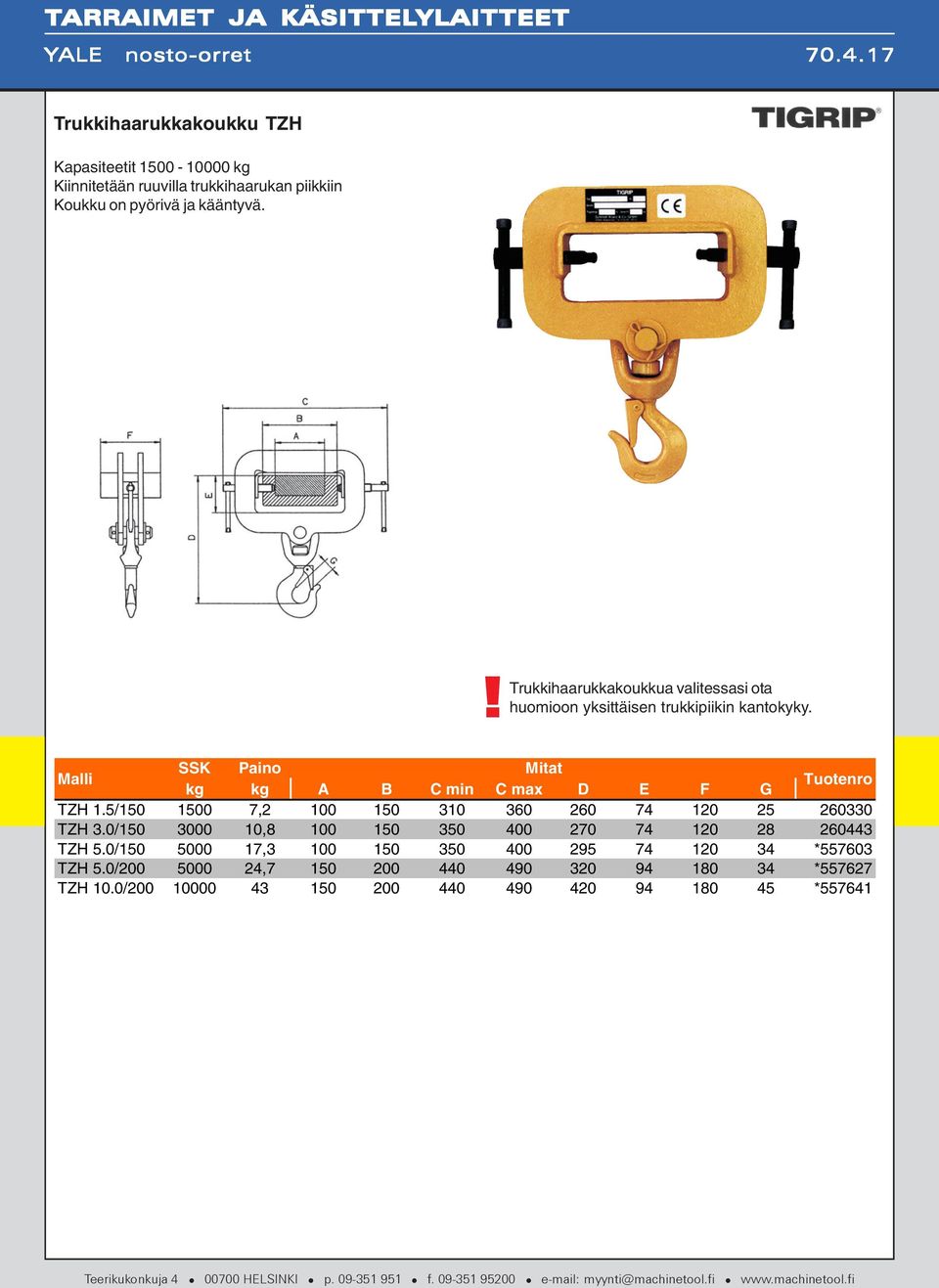 ! Trukkihaarukkakoukkua valitessasi ota huomioon yksittäisen trukkipiikin kantokyky. SSK Paino Mitat kg kg A B C min C max D E F G Tuotenro TZH 1.