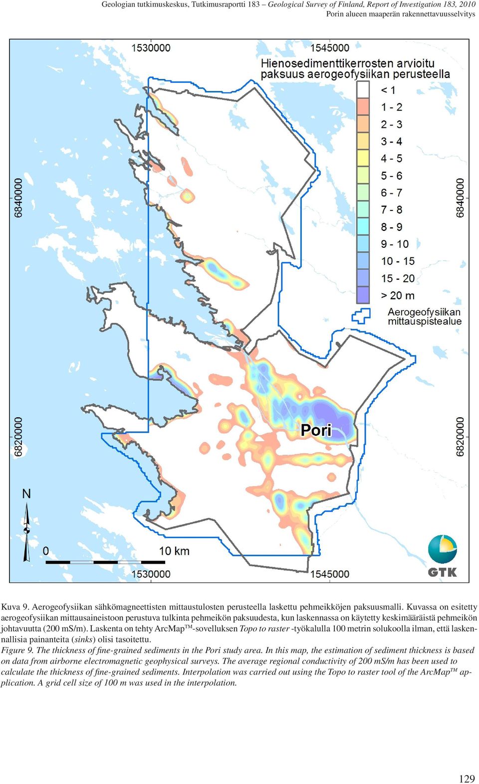 Laskenta on tehty ArcMap TM -sovelluksen Topo to raster -työkalulla 100 metrin solukoolla ilman, että laskennallisia painanteita (sinks) olisi tasoitettu. Figure 9.