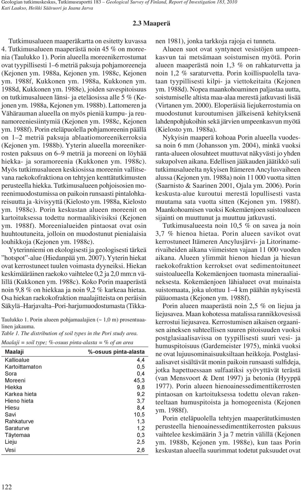 1988e), joiden savespitoisuus on tutkimusalueen länsi- ja eteläosissa alle 5 % (Kejonen ym. 1988a, Kejonen ym. 1988b).