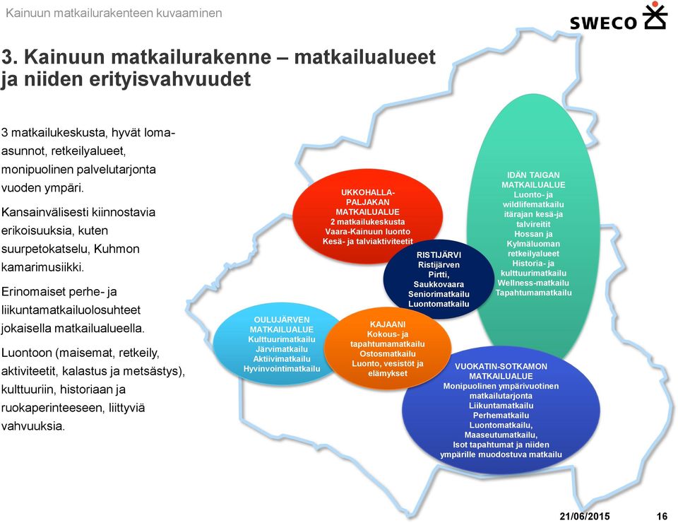 Luontoon (maisemat, retkeily, aktiviteetit, kalastus ja metsästys), kulttuuriin, historiaan ja ruokaperinteeseen, liittyviä vahvuuksia.
