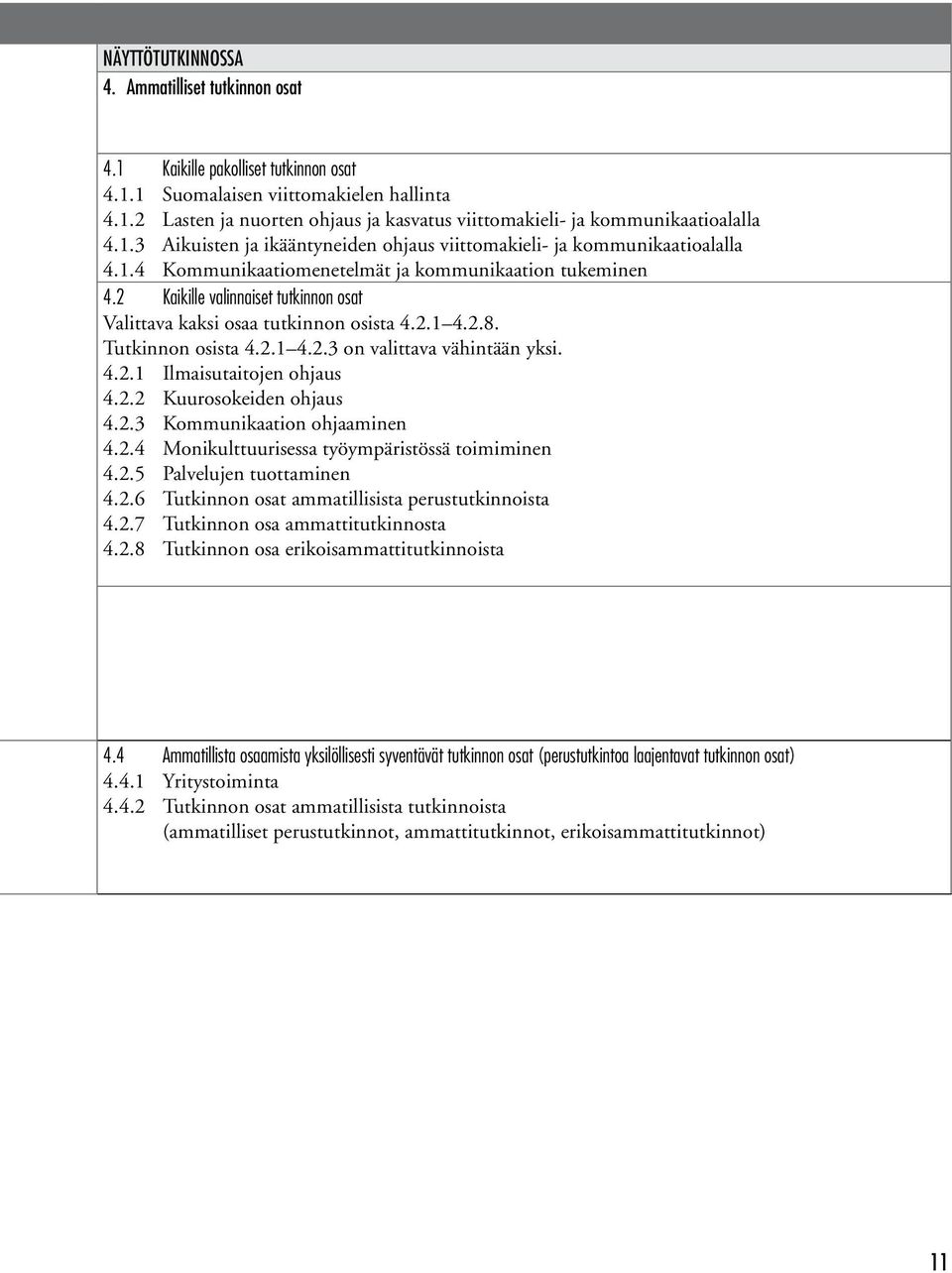 2 Kaikille valinnaiset tutkinnon osat Valittava kaksi osaa tutkinnon osista 4.2.1 4.2.8. Tutkinnon osista 4.2.1 4.2.3 on valittava vähintään yksi. 4.2.1 Ilmaisutaitojen ohjaus 4.2.2 Kuurosokeiden ohjaus 4.