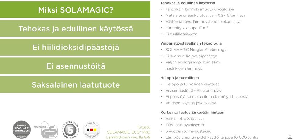 tunnissa Välitön ja täysi lämmitysteho 1 sekunnissa Lämmitysala jopa 17 m² Ei tuuliherkkyyttä Ympäristöystävällinen teknologia No-glare teknologia Ei suoria hiilidioksidipäästöjä Paljon ekologisempi