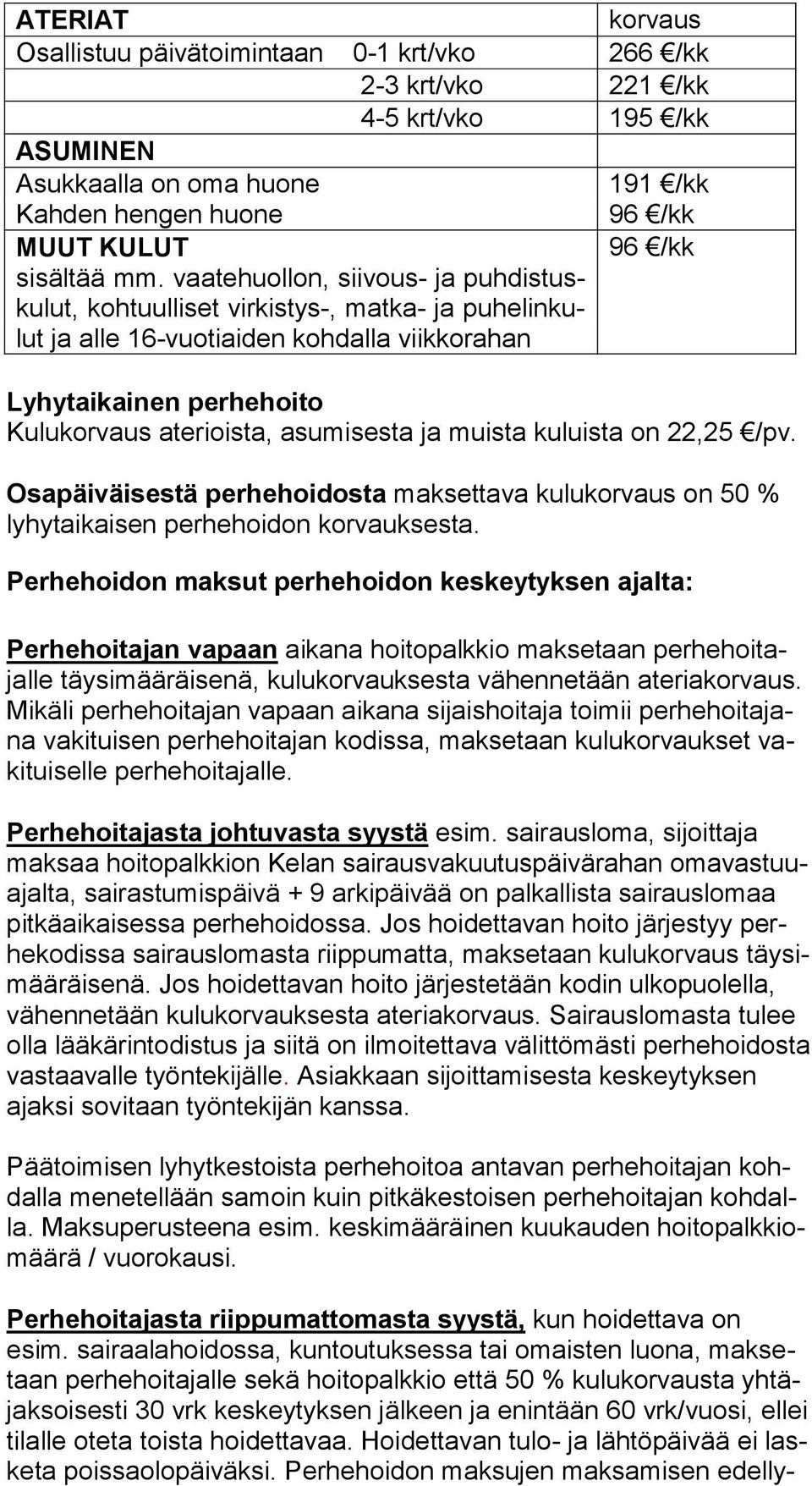 asumisesta ja muista kuluista on 22,25 /pv. Osapäiväisestä perhehoidosta maksettava kulukorvaus on 50 % ly hyt ai kai sen perhehoidon korvauksesta.