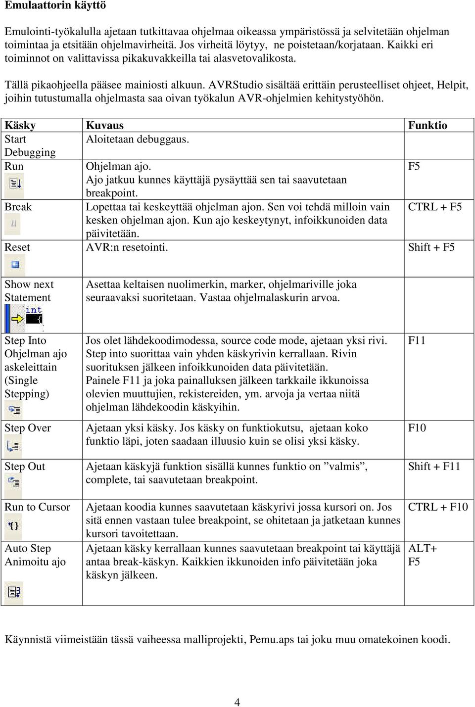 AVRStudio sisältää erittäin perusteelliset ohjeet, Helpit, joihin tutustumalla ohjelmasta saa oivan työkalun AVR-ohjelmien kehitystyöhön. Käsky Kuvaus Funktio Start Aloitetaan debuggaus.