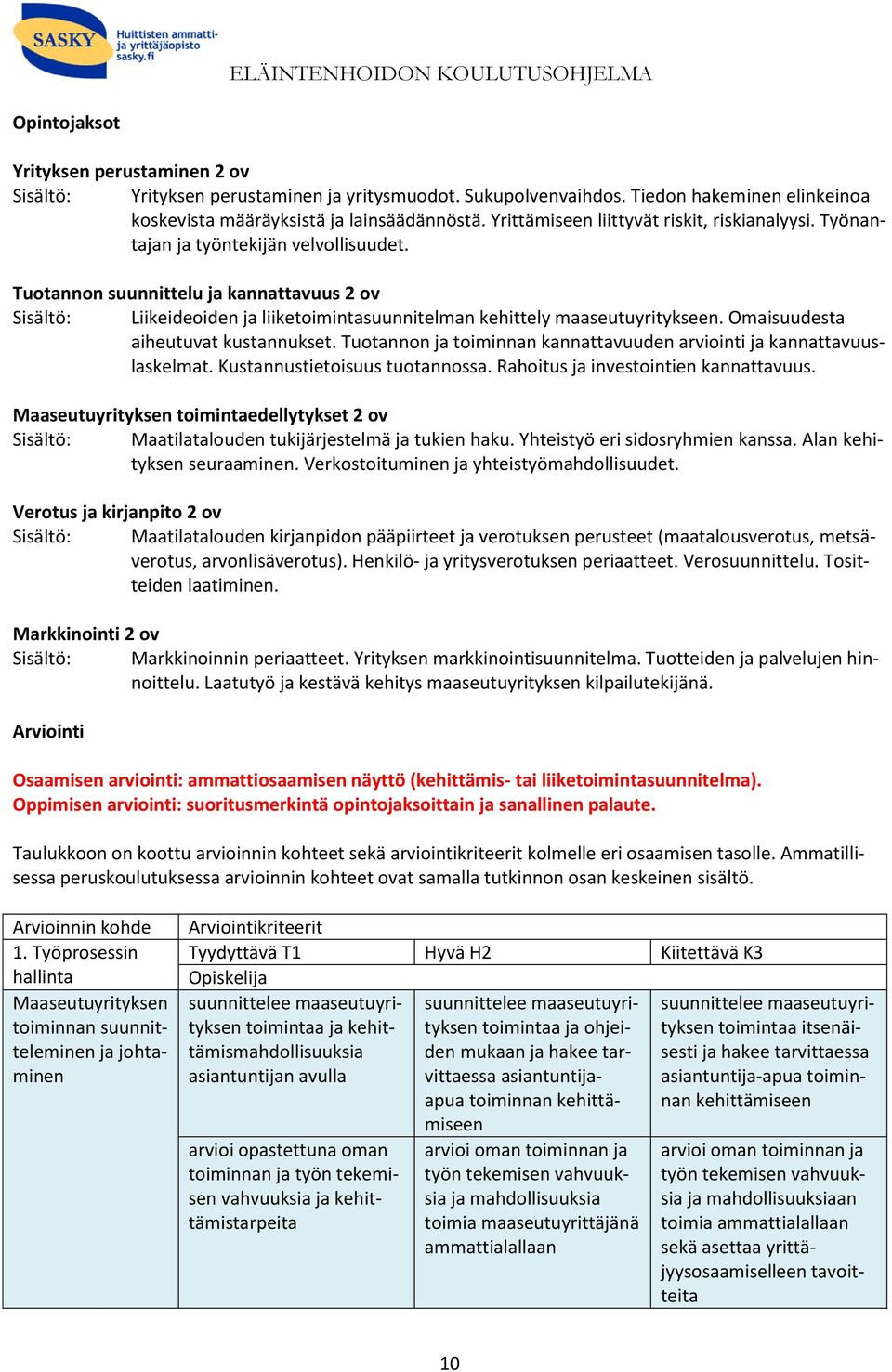 Tuotannon suunnittelu ja kannattavuus 2 ov Sisältö: Liikeideoiden ja liiketoimintasuunnitelman kehittely maaseutuyritykseen. Omaisuudesta aiheutuvat kustannukset.