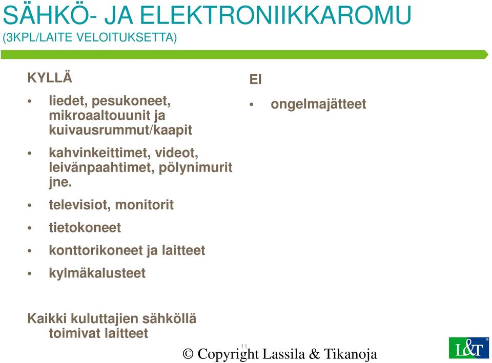 videot, leivänpaahtimet, pölynimurit jne.