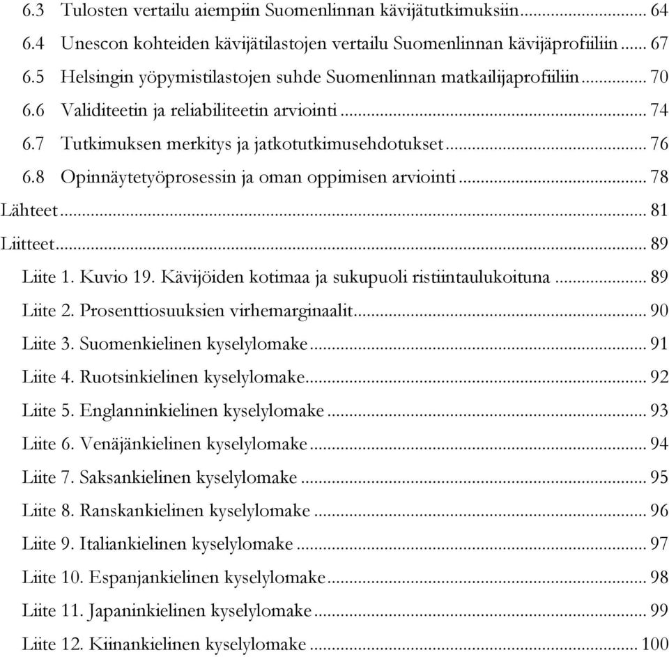 8 Opinnäytetyöprosessin ja oman oppimisen arviointi... 78 Lähteet... 81 Liitteet... 89 Liite 1. Kuvio 19. Kävijöiden kotimaa ja sukupuoli ristiintaulukoituna... 89 Liite 2.