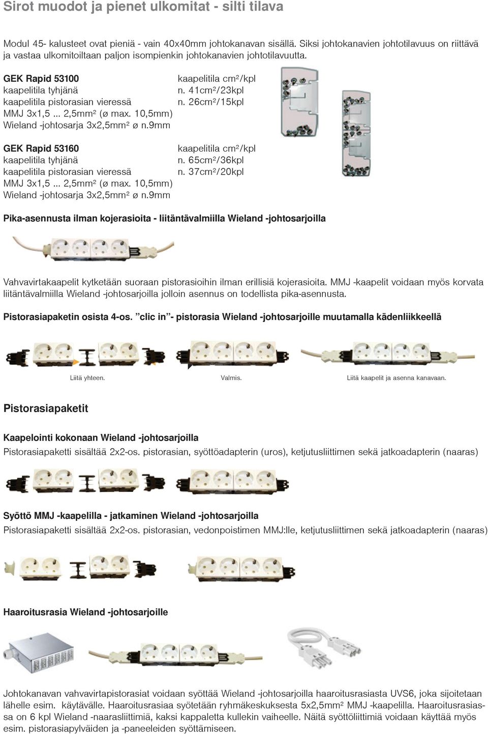 GEK Rapid 53100 kaapelitila tyhjänä kaapelitila pistorasian vieressä MMJ 3x1,5 2,5mm² (ø max. 10,5mm) Wieland -johtosarja 3x2,5mm² ø n.