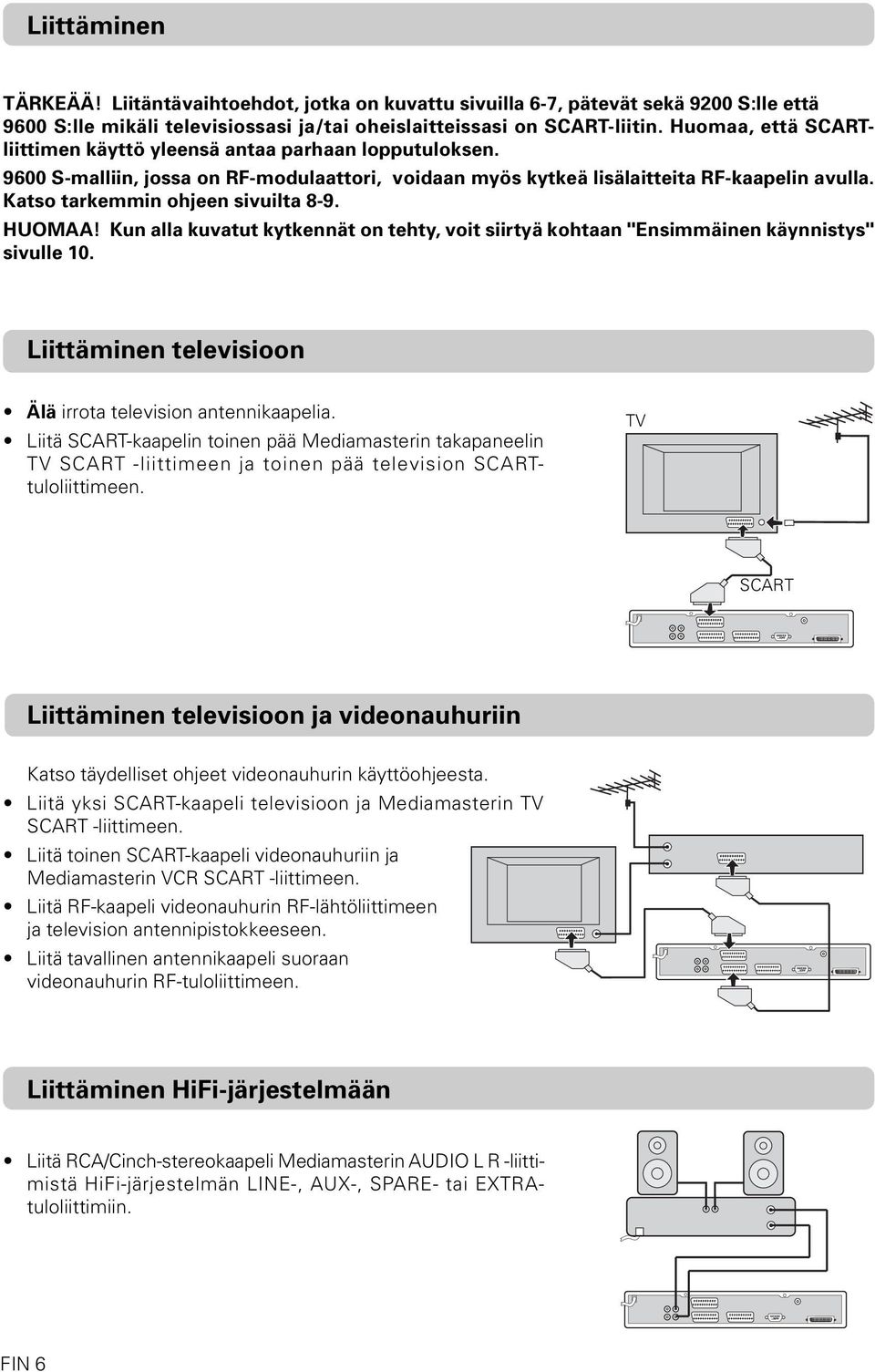 Katso tarkemmin ohjeen sivuilta 8-9. HUOMAA! Kun alla kuvatut kytkennät on tehty, voit siirtyä kohtaan "Ensimmäinen käynnistys" sivulle 10.