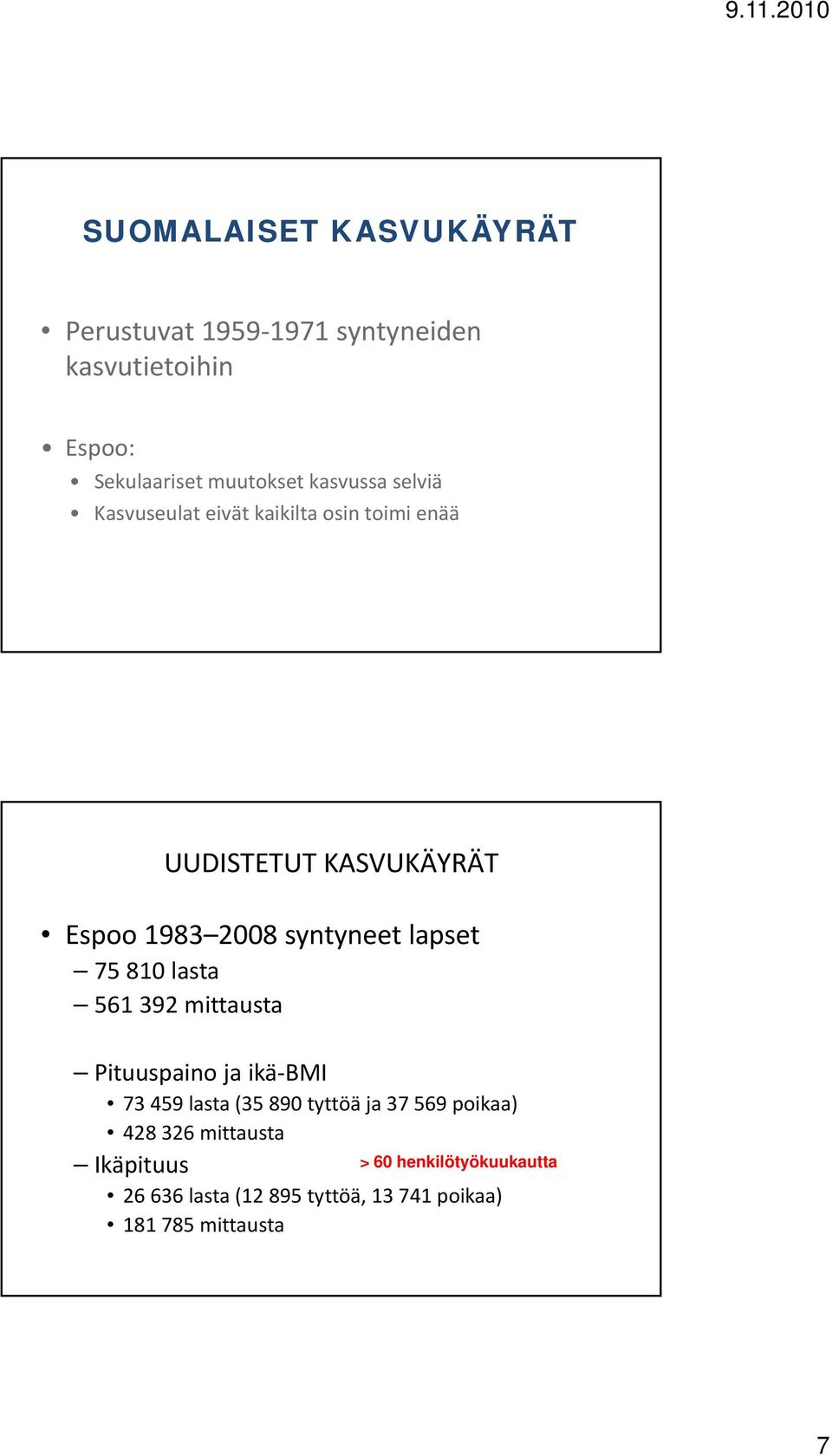 syntyneet lapset 75 810 lasta 561 392 mittausta Pituuspaino ja ikä BMI 73 459 lasta (35 890 tyttöä ja