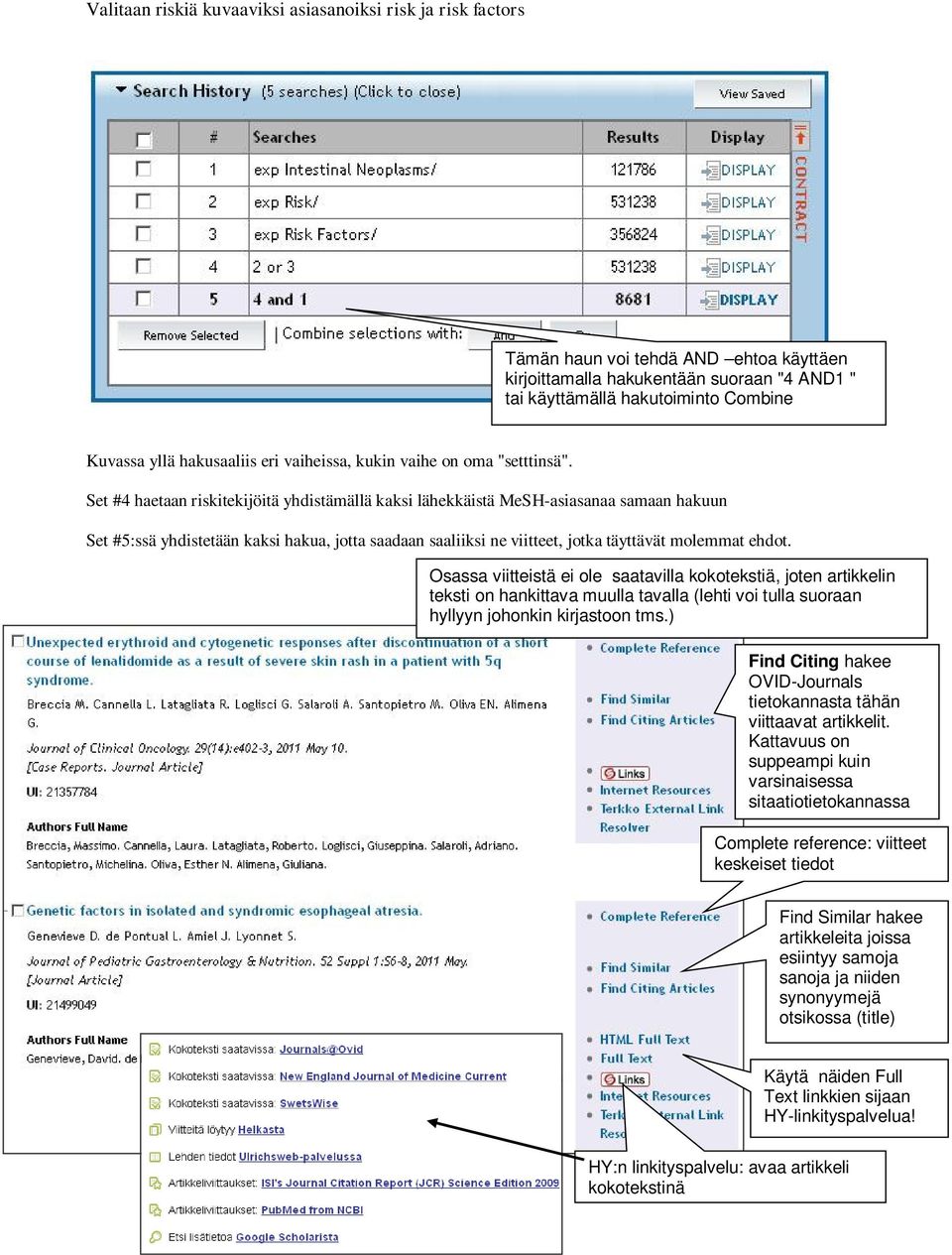 Set #4 haetaan riskitekijöitä yhdistämällä kaksi lähekkäistä MeSH-asiasanaa samaan hakuun Set #5:ssä yhdistetään kaksi hakua, jotta saadaan saaliiksi ne viitteet, jotka täyttävät molemmat ehdot.