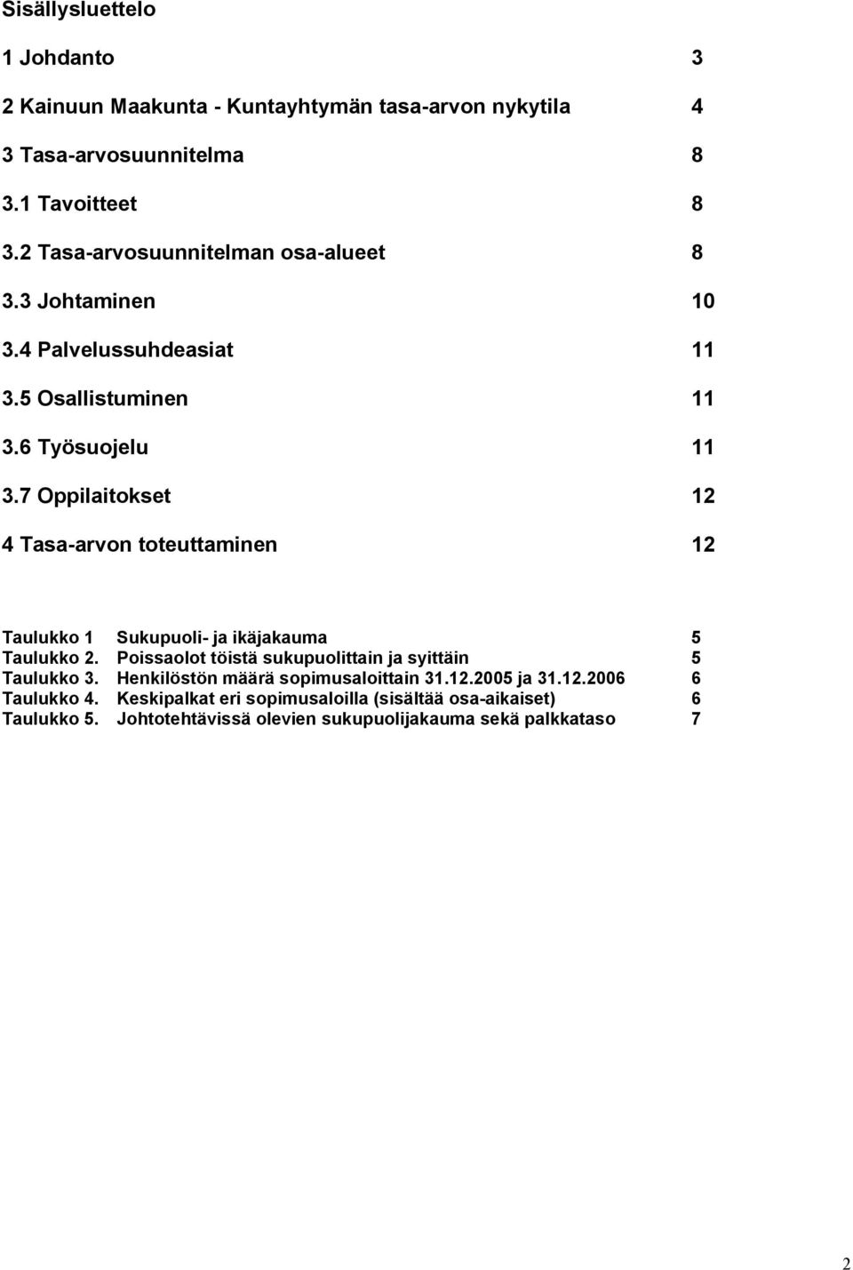 7 Oppilaitokset 12 4 Tasa-arvon toteuttaminen 12 Taulukko 1 Sukupuoli- ja ikäjakauma 5 Taulukko 2.